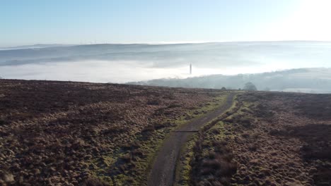 Cloudy-misty-sunrise-valley-aerial-moorland-hiking-hillside-muddy-path-Lancashire-rising-left