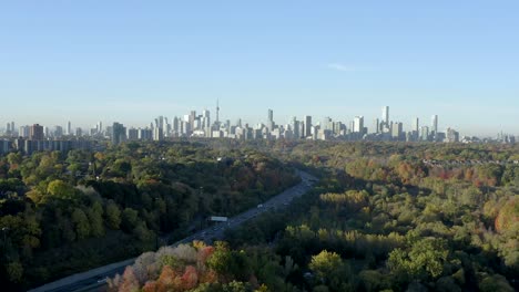 Aerial-drone-shot-of-the-Toronto-skyline
