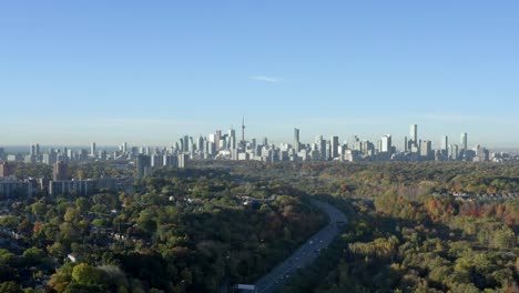 Beautiful-aerial-view-of-Toronto,-Canada-on-a-sunny-day-in-autumn