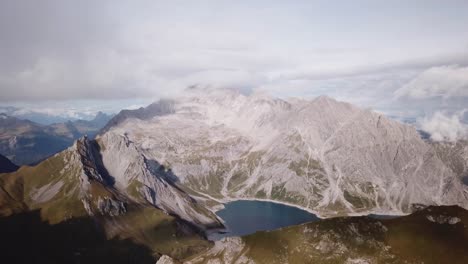 Drone-flight-Alps-Lünersee-Lake-in-Austria-Vorarlberg