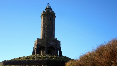 Darwen-Jubilee-tower-historic-landmark-colourful-highlands-moorland-heather-countryside-dolly-left