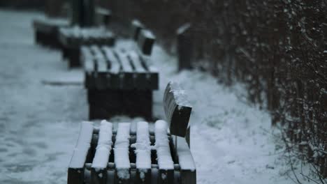 Evocative-empty-snow-covered-benches-in-desolated-park.-Panning