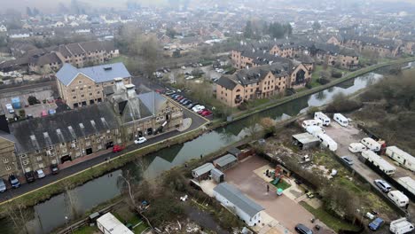 Canal-side-buildings-Sawbridgeworth-Small-Town-in-Essex-UK-Aerial-footage