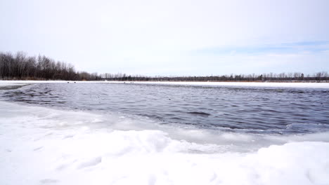 Pan-shot-by-a-frozen-lake-with-duck