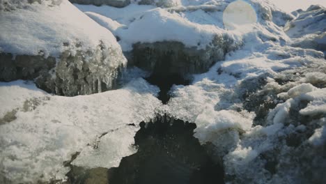 Felsen-An-Bächen,-Die-An-Einem-Sonnigen-Wintertag-Mit-Eis-Bedeckt-Sind