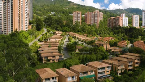 Aerial-Establishing-Shot-of-Private-Residential-Community-in-Mountainous-Colombian-City