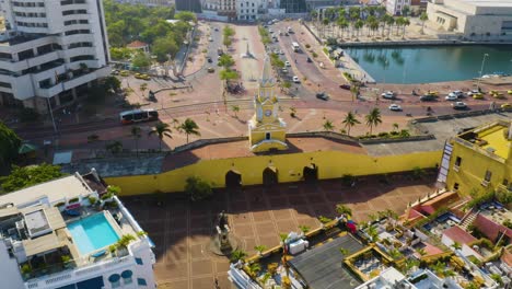 Aerial-View-of-Clock-Tower-Monument-in-Old-City-Cartagena