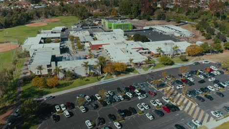 Aerial-view-of-school-letting-out-and-the-parking-lot,-in-Mission-Viejo,-California