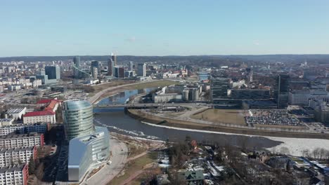 AERIAL:-Rotating-Shot-of-Vilnius-Panorama-with-River-Neris-and-Buildings-in-the-Background