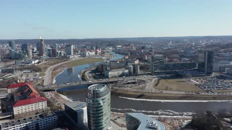 AERIAL:-Citys-Panorama-wih-Skyscrapers-with-Visible-River-Neris-in-Vilnius