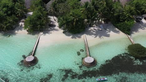 Vista-Aérea-De-La-Hermosa-Isla-De-Maldivas,-Océano-Azul-Playa-De-Arena-Blanca-Naturaleza-Palmeras-Tropicales