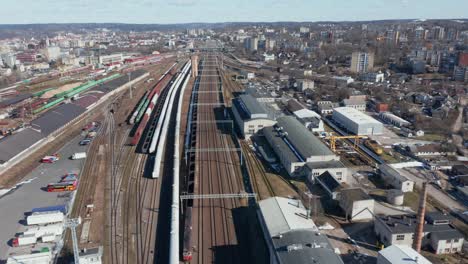 AERIAL:-Panorama-of-Train-Railroad-in-Vilnius-with-Tracks-and-Buildings