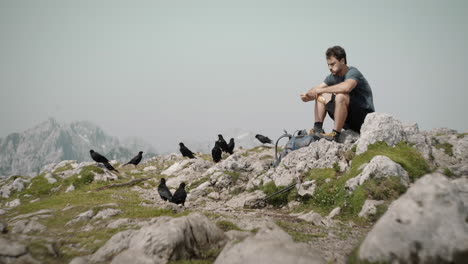 Shot-of-a-hiker-sitting-on-the-rock-eating-sandwich-at-the-tp-of-mountain-Raduha,-birds-aproaching-for-food-than-taking-of-and-gliding-in-the-sky