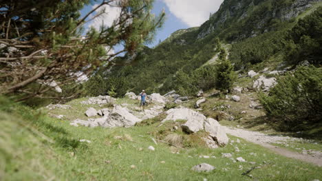 Hiker-walking-on-the-rocky-path-in-the-mountains,-conifer-trees-growing-on-the-slope,-sunny-summerday-with-some-clouds-on-the-blue-sky