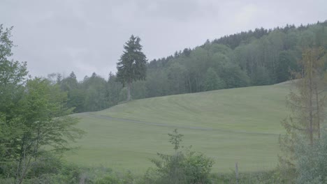 Wide-shot-of-a-white-truck-driving-through-an-empty-green-landscape-with-hills-and-trees-on-a-cloudy-day-in-a-steady-camera-shot,-everything-in-focus