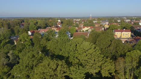 Awesome-drone-shot-of-Viljandi,-Estonia-with-moving-form-modern-houses-to-oldtown