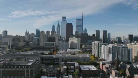 Aerial-footage-in-north-Philadelphia-looking-towards-the-skyline-of-downtown