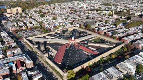 Aerial-footage-in-the-morning-north-of-downtown-Philadelphia-rotating-around-Eastern-State-Penitentiary-historic-site