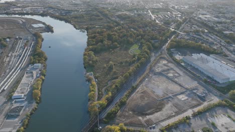 Aerial-footage-flying-over-the-Schuylkill-River-and-Bartram's-Gardens-in-west-Philadelphia