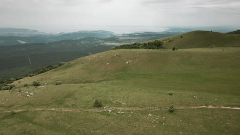 Drone-shot-of-meadows-on-mountain-Slavnik-on-a-summer-day-with-a-view-towards-the-Adriatic-sea,-cloudy-sky