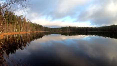Schöner-Herbstwald-Am-Ufer-Des-Sees-Bei-Sonnigem-Wetter-In-Finnland