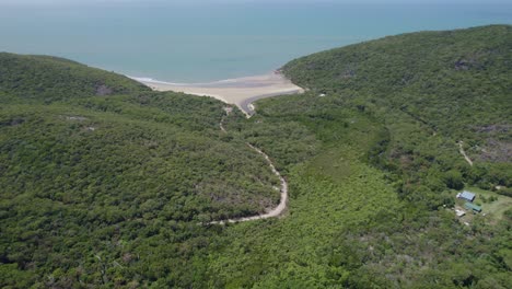 Aerial-View-Of-Finch-Bay-Beach-And-Road-In-Summer-In-Cooktown,-North-Queensland,-Australia