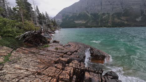 Stormy-weather-at-the-base-of-St-Mary-lake-in-Glacier-National-Park,-Montana