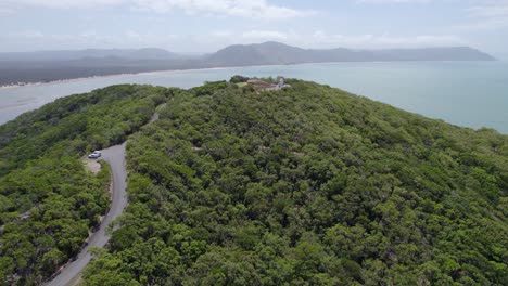Aerial-View-Of-Road-To-The-Grassy-Hill-Lookout-And-Lighthouse-In-Cooktown,-Queensland,-Australia