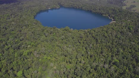 Lake-Eacham-With-Green-Lush-Rainforest-In-Atherton-Tableland,-Queensland,-Australia---aerial-drone-shot