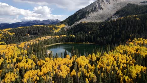 Flying-a-drone-on-Kebler-pass-Colorado,-beautiful-fall-colors-and-mountains-looking-at-Dollar-lake-near-Lost-Lake-campground