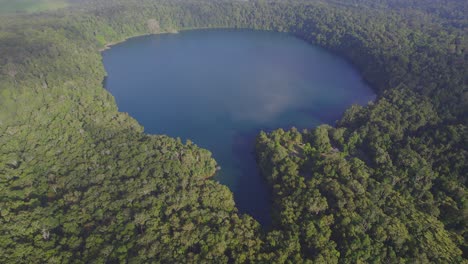Lake-Eacham---Calm-Crater-Lake-Surrounded-By-Lush-Rainforest-In-Atherton-Tableland,-Queensland,-Australia---aerial-drone-shot