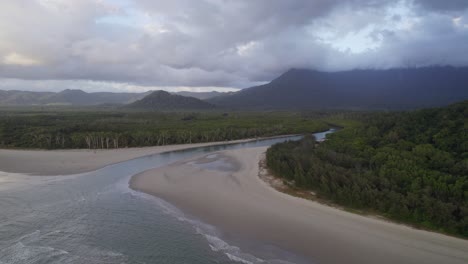 River-Meeting-The-Ocean-At-Daintree-National-Park-In-Far-North-Queensland,-Australia---aerial-drone-shot