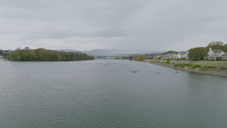 Aerial-flyover-on-the-Tennessee-River-of-the-Head-of-the-Hooch-in-Chattanooga-flying-over-rowers-in-boats
