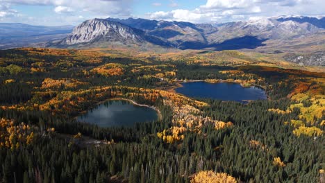 Beautiful-mountain-peaks-on-Kebler-pass-Colorado,-flying-a-drone-during-the-fall-color-season-looking-at-Lost-Lake