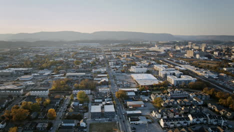 Aerial-hyperlapse-of-main-street-on-the-southside-in-downtown-Chattanooga,-Tennessee-during-the-sunset