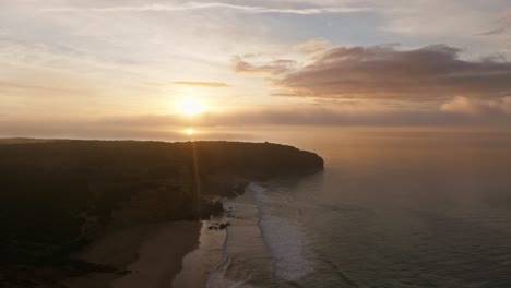 Sunset-over-the-Algarve-Coast-in-Portugal,-aerial-view