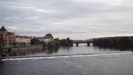 Legion-Bridge-and-National-Theatre-in-Prague,-Czech-Republic,-Vltava-view-from-Charles-Bridge