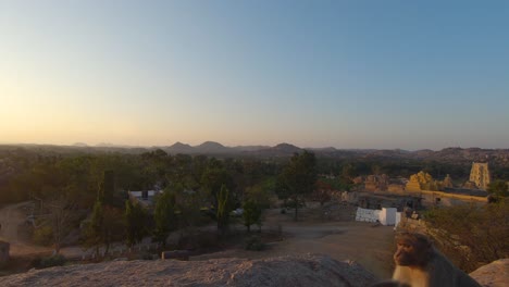 Monkey-Climbing-Small-Summit-In-Front-Of-Hampi-Town-Panoramic-View,-India