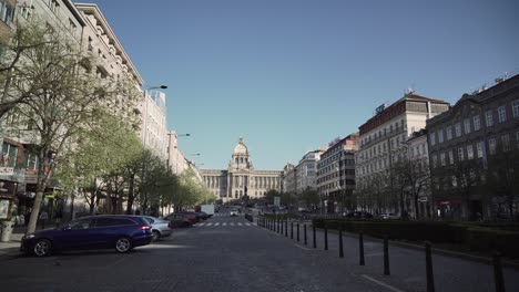 COVID-pandemic-in-Prague,-wide-angle-view-of-empty-Wenceslas-Square-or-Vaclavske-namesti