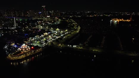 Aerial-Drone-Footage-Of-Downtown-Long-Beach-And-Rainbow-Harbor-After-Dark