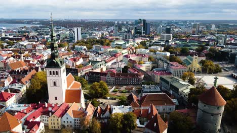 Flying-Above-Tallinn-Old-Town,-Estonia,-Orthodox-Cathedral-and-St