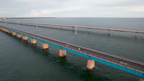 Florida-Keys-Overseas-highway-bridge-with-bike-path-next-to-it,-aerial-view