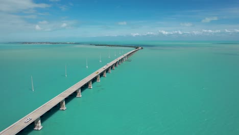 Long-bridge-over-ocean-in-the-Florida-keys,-aerial-view-with-turquoise-blue-water