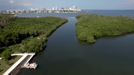Lamar-Lake-Virginia-Key-Florida-with-Miami-city-Skyline-in-background---Aerial-View