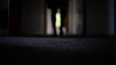 Person-out-of-focus-walking-along-a-dark-hallway-at-home-towards-camera-and-into-a-bedroom