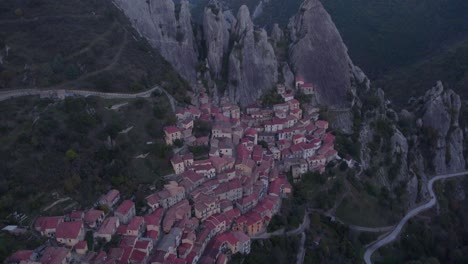 Idyllic-mountain-village-Castelmezzano-during-early-morning-in-Italy,-aerial
