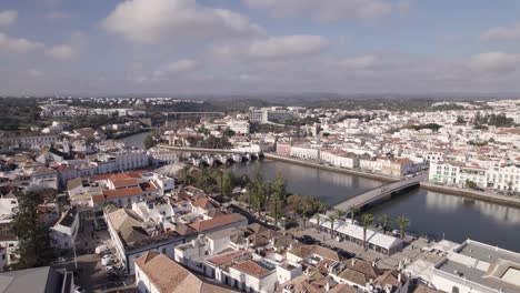 Aerial-View-Of-Charming-Tavira-Town-With-River-Gilao-And-Bridges-Spanning-It