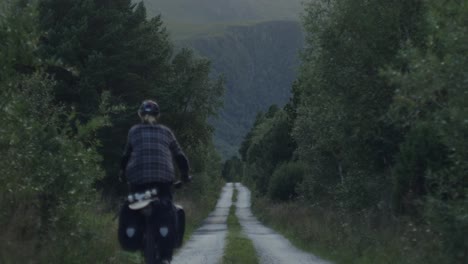 Cyclist-on-a-fully-packed-bike-touring-bike-cycling-away-from-camera,-far-into-the-distance-on-a-desolate-forrest-road-in-Norway,-Scandinavia
