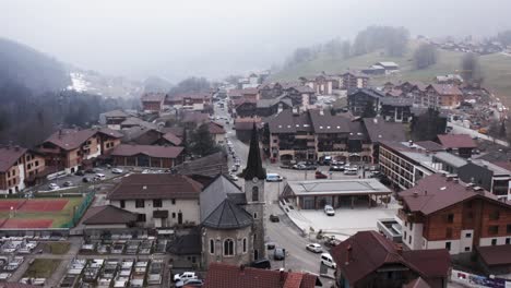 Small-village-in-French-alps-with-traffic-rotary-circle-and-road-construction