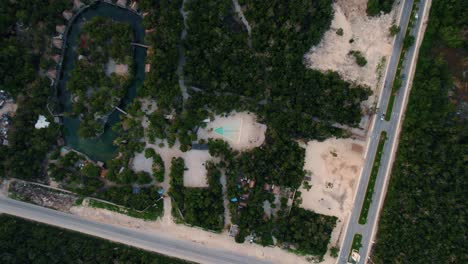 Drone-headshot-of-Zamna-resort,-Mexico.-4K-video